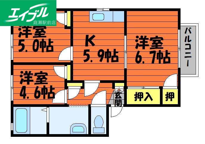 サンライン川入B棟(3K/1階)の間取り写真