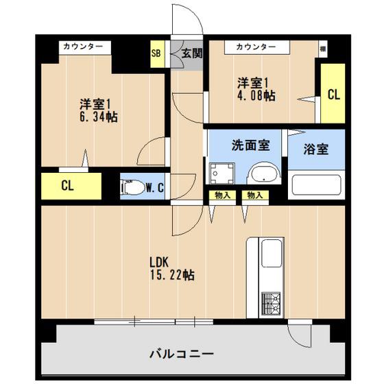 LIBTH博多住吉PREMIER(2LDK/14階)の間取り写真