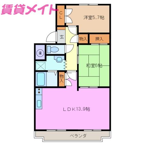 ラヴィーヌ新西方(2LDK/1階)の間取り写真