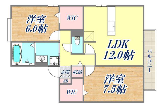 ウィスタリア瑞穂B棟(2LDK/1階)の間取り写真