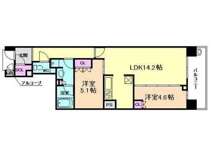 ローレルタワー梅田ウエスト(2LDK/14階)の間取り写真
