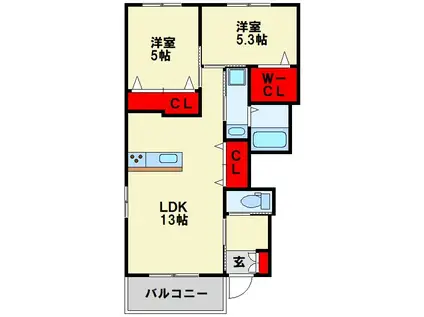 ヴェルジュ西大谷(2LDK/1階)の間取り写真