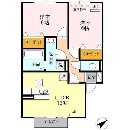 カサグランデ曙B棟(2LDK/1階)の間取り写真