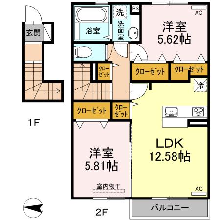 エスポワール大津(2LDK/2階)の間取り写真