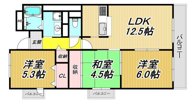 フローラルコート橘(3LDK/2階)の間取り写真