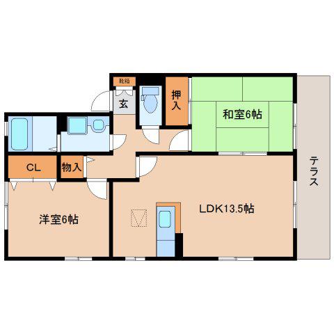 グリーンヴィレッジあいC棟(2LDK/1階)の間取り写真