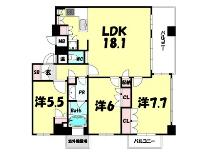 ライオンズマンション神戸栄町通(3LDK/12階)の間取り写真