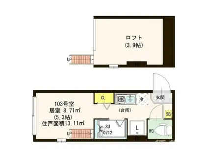 ミラベル(ワンルーム/2階)の間取り写真