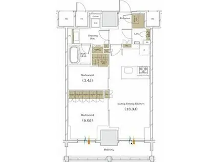 ザ・パークハビオ谷町六丁目クロス(2LDK/14階)の間取り写真