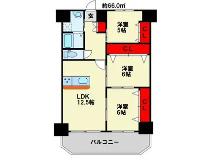 ロイヤルノースナイン(3LDK/16階)の間取り写真