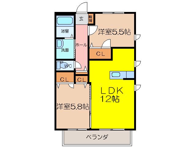 サニーレイクK(2LDK/2階)の間取り写真