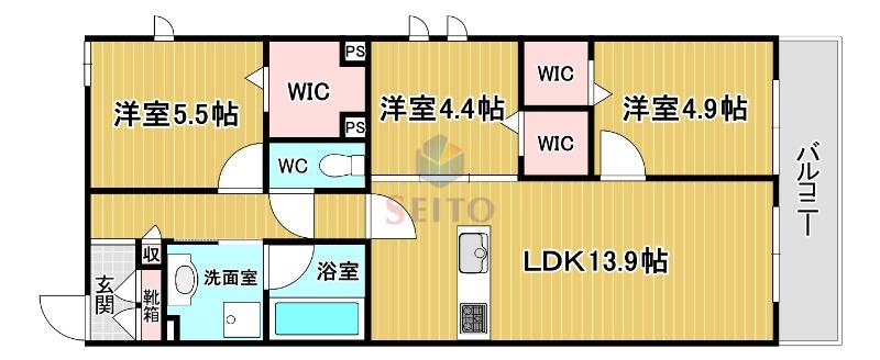 豊中市立花町1丁目ヘーベルメゾン(3LDK/3階)の間取り写真