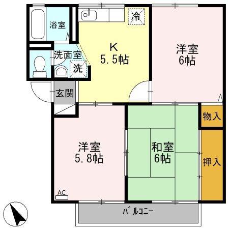 プレジール小野F棟(3K/2階)の間取り写真