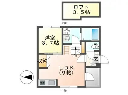 ハーモニーテラス上石川町(1LDK/2階)の間取り写真