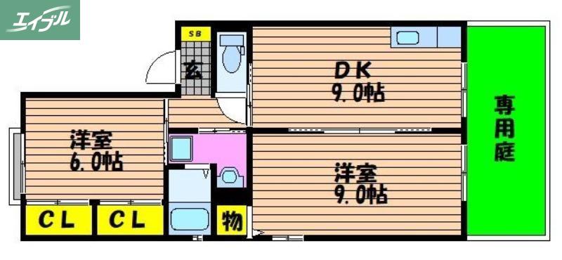 レーベン板野 B棟(2DK/1階)の間取り写真
