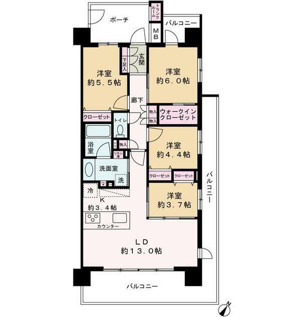ウィザースレジデンス袖ケ浦II(4LDK/12階)の間取り写真