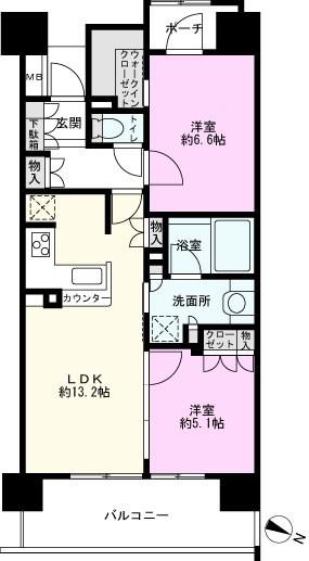 武蔵浦和SKY&GARDEN A(2LDK/6階)の間取り写真