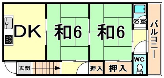 扇荘(2DK/2階)の間取り写真