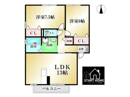 グランシャリオ D棟(2LDK/2階)の間取り写真