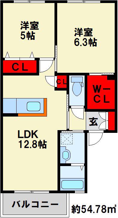 クラヴィエ三萩野I(2LDK/1階)の間取り写真