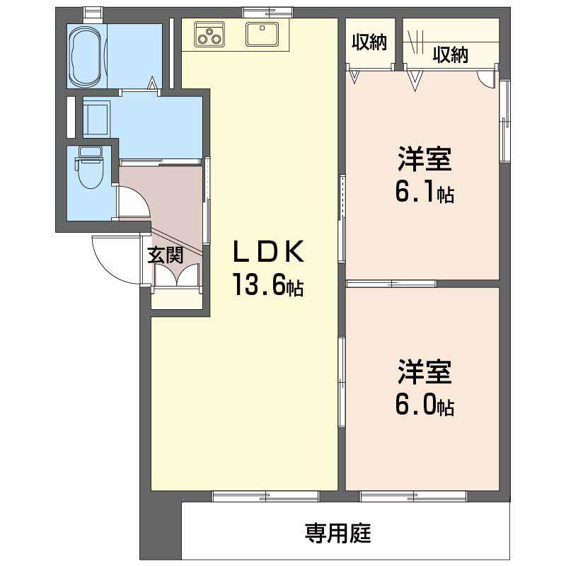 セルリアハイツ B棟(2LDK/1階)の間取り写真