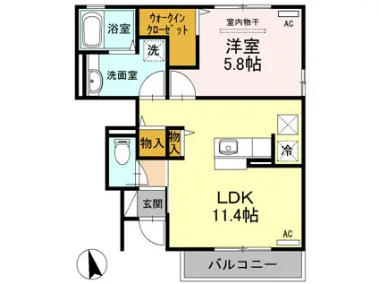 サニーハイツ花棚A棟(1LDK/1階)の間取り写真