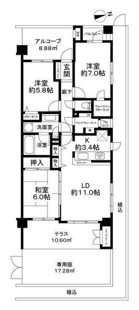 レクセルマンション原木中山(3LDK/1階)の間取り写真