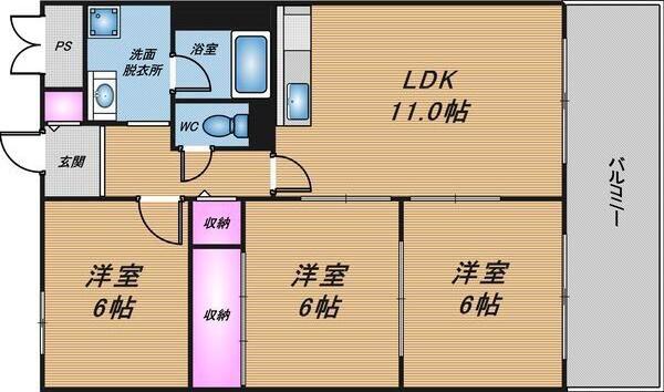 シャトー南船場(3LDK/3階)の間取り写真