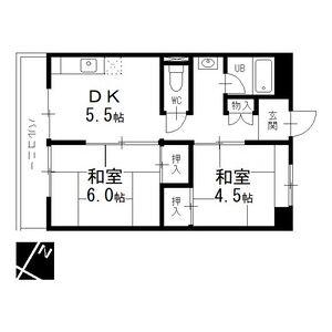名鉄小牧線 味美駅(名鉄) 徒歩39分 11階建 築51年(2DK/10階)の間取り写真