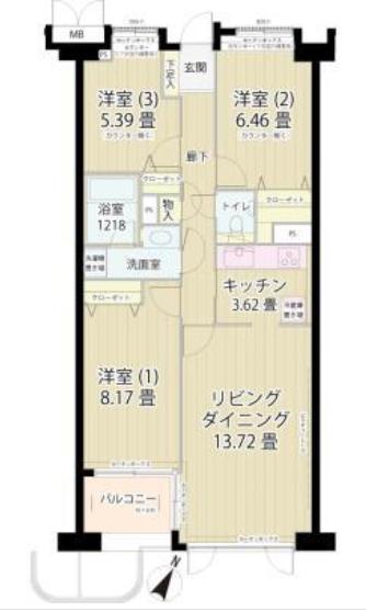 グランフォート目黒(3LDK/3階)の間取り写真
