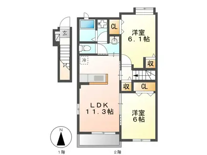 ノーブル港西Ⅱ(2LDK/2階)の間取り写真