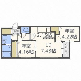 ヒューガ大通スイート(2LDK/3階)の間取り写真