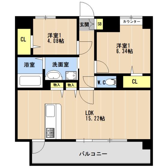 LIBTH博多住吉PREMIER(2LDK/14階)の間取り写真