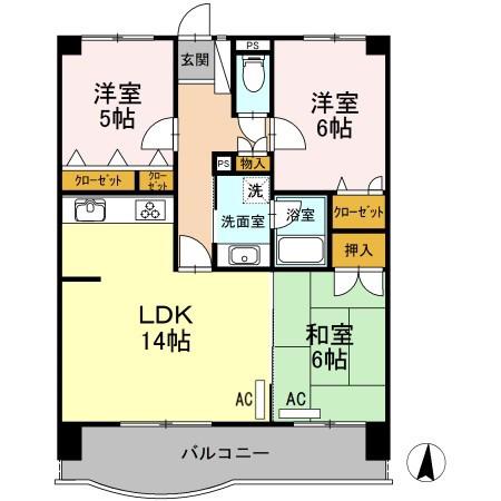 ライオンズマンション西新南(3LDK/2階)の間取り写真
