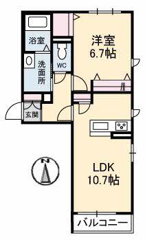 フェリスタージュ西津田(1LDK/2階)の間取り写真