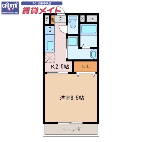 近鉄山田線 松阪駅 徒歩19分 3階建 築9年(1K/2階)の間取り写真
