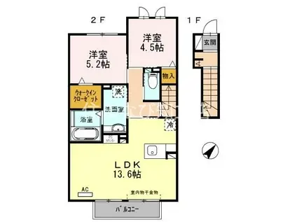 セジュール ココア(2LDK/2階)の間取り写真