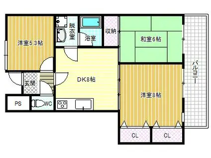 近鉄南大阪線 布忍駅 徒歩8分 5階建 築34年(3LDK/5階)の間取り写真