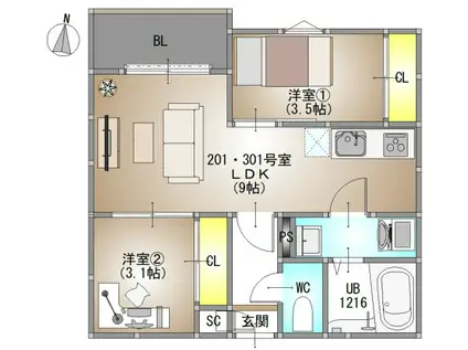 REGALEST キタカタ4(2LDK/3階)の間取り写真