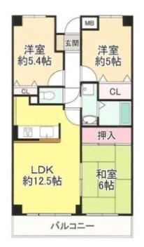 グランパス富田林(3LDK/2階)の間取り写真