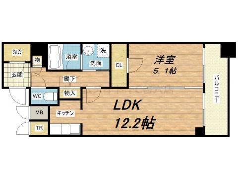 カスタリア堺筋本町(1LDK/14階)の間取り写真