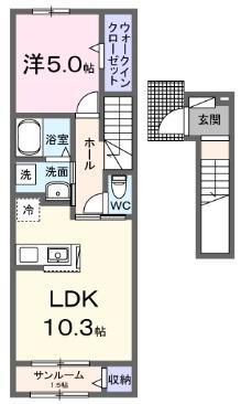 ルナテセラI(1LDK/2階)の間取り写真