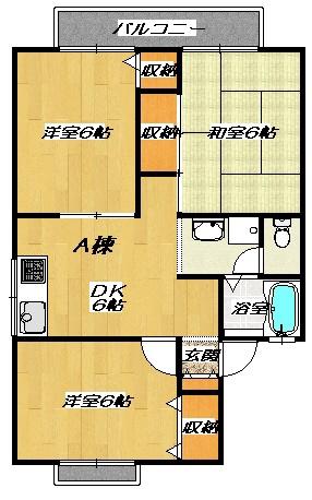 Kルーラルハウス A棟(3DK/1階)の間取り写真