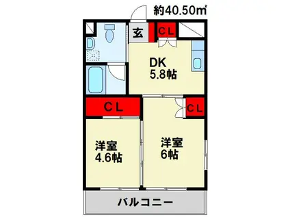 オアーゼ上の原(2DK/4階)の間取り写真