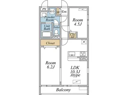 アヴェニールーエス 立川(2LDK/1階)の間取り写真