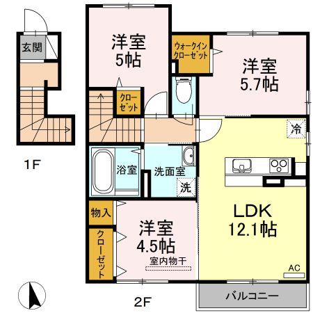ルミエールC棟(3LDK/2階)の間取り写真