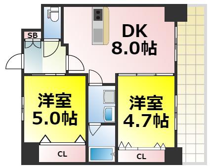 エステムプラザ難波ウエストII プレディア(2DK/15階)の間取り写真
