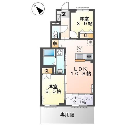 メゾン・テ・ヴェール(2LDK/1階)の間取り写真