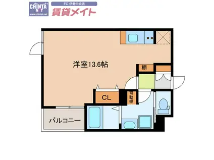 CASAα 外宮(ワンルーム/1階)の間取り写真