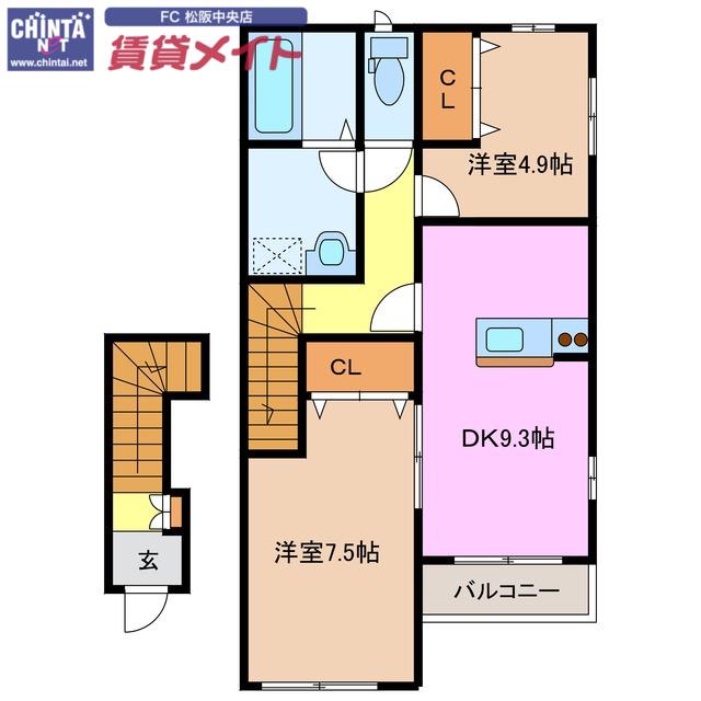 グランデージ(2DK/2階)の間取り写真